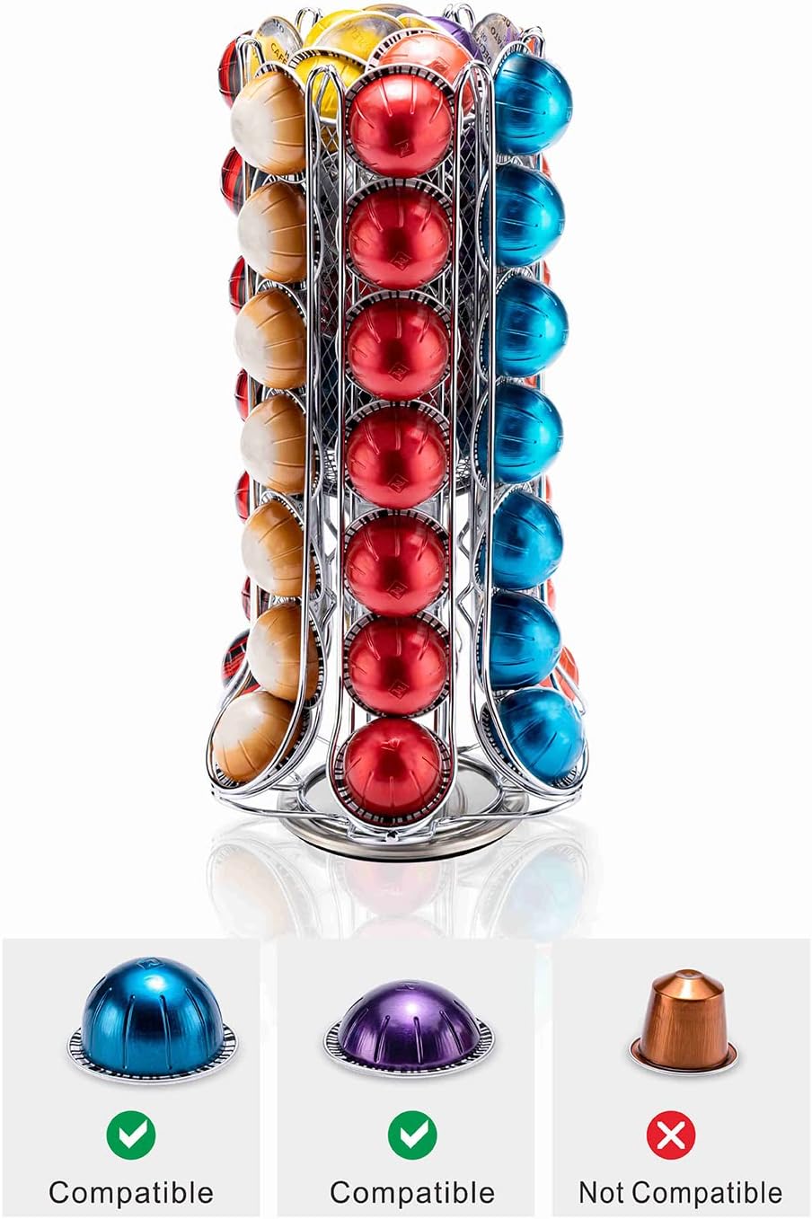 ZCDCP Nespresso Pod Holder, Vertuo Pod Holder Carousel Stand Storage with 360 Degree, Chrome Coffee Pod Holder Organizer for Nespresso Vertuo, 60 Pods