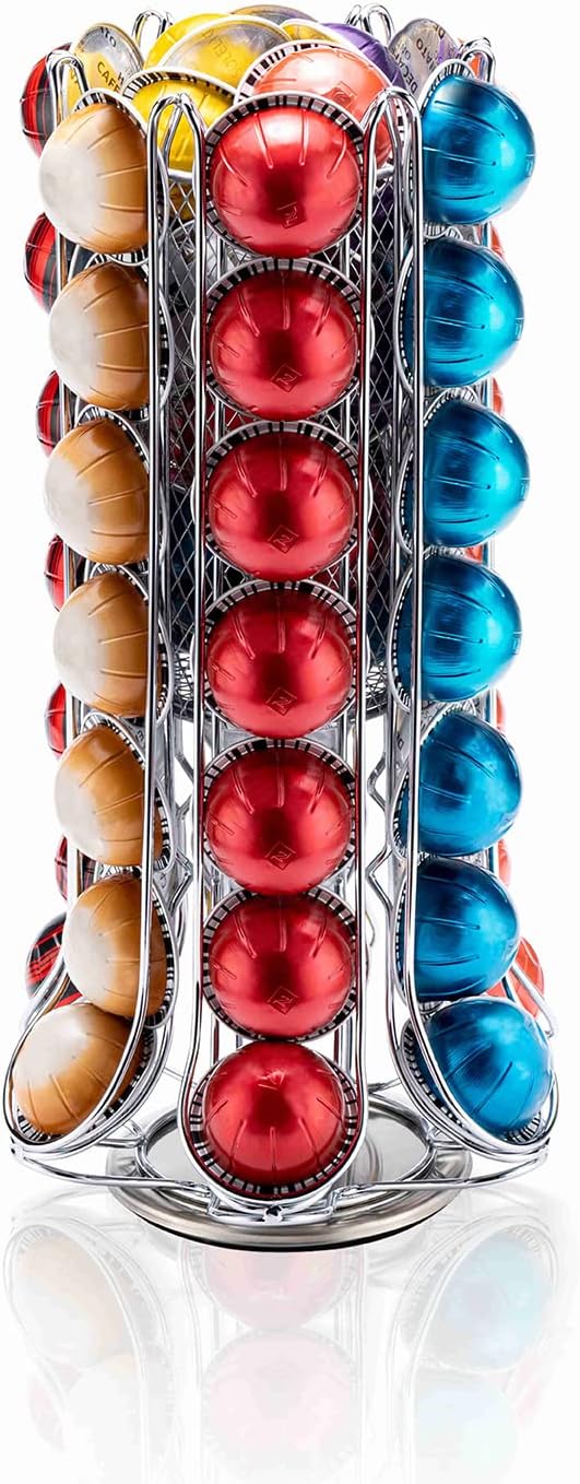 ZCDCP Nespresso Pod Holder, Vertuo Pod Holder Carousel Stand Storage with 360 Degree, Chrome Coffee Pod Holder Organizer for Nespresso Vertuo, 60 Pods