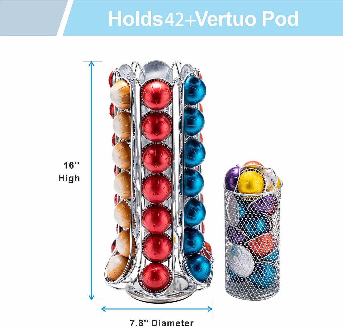 ZCDCP Nespresso Pod Holder, Vertuo Pod Holder Carousel Stand Storage with 360 Degree, Chrome Coffee Pod Holder Organizer for Nespresso Vertuo, 60 Pods