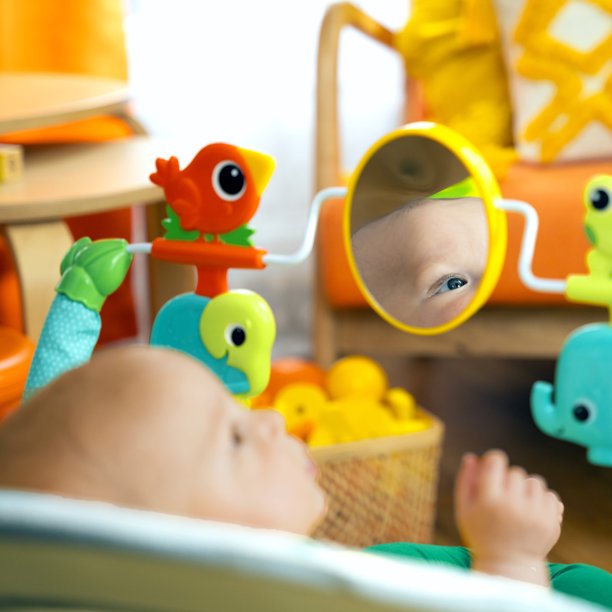 Bright Starts Spinnin’ Safari Vibrating Baby Bouncer Seat with Toy Bar, 0-6