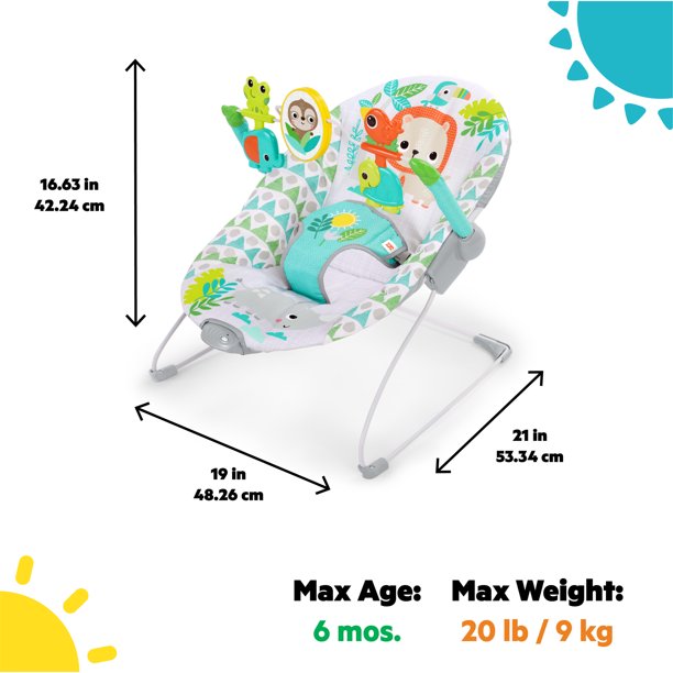 Bright Starts Spinnin’ Safari Vibrating Baby Bouncer Seat with Toy Bar, 0-6