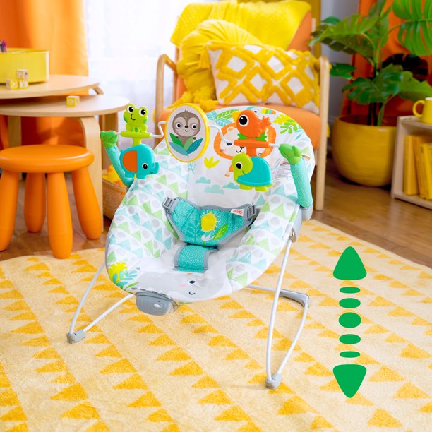 Bright Starts Spinnin’ Safari Vibrating Baby Bouncer Seat with Toy Bar, 0-6