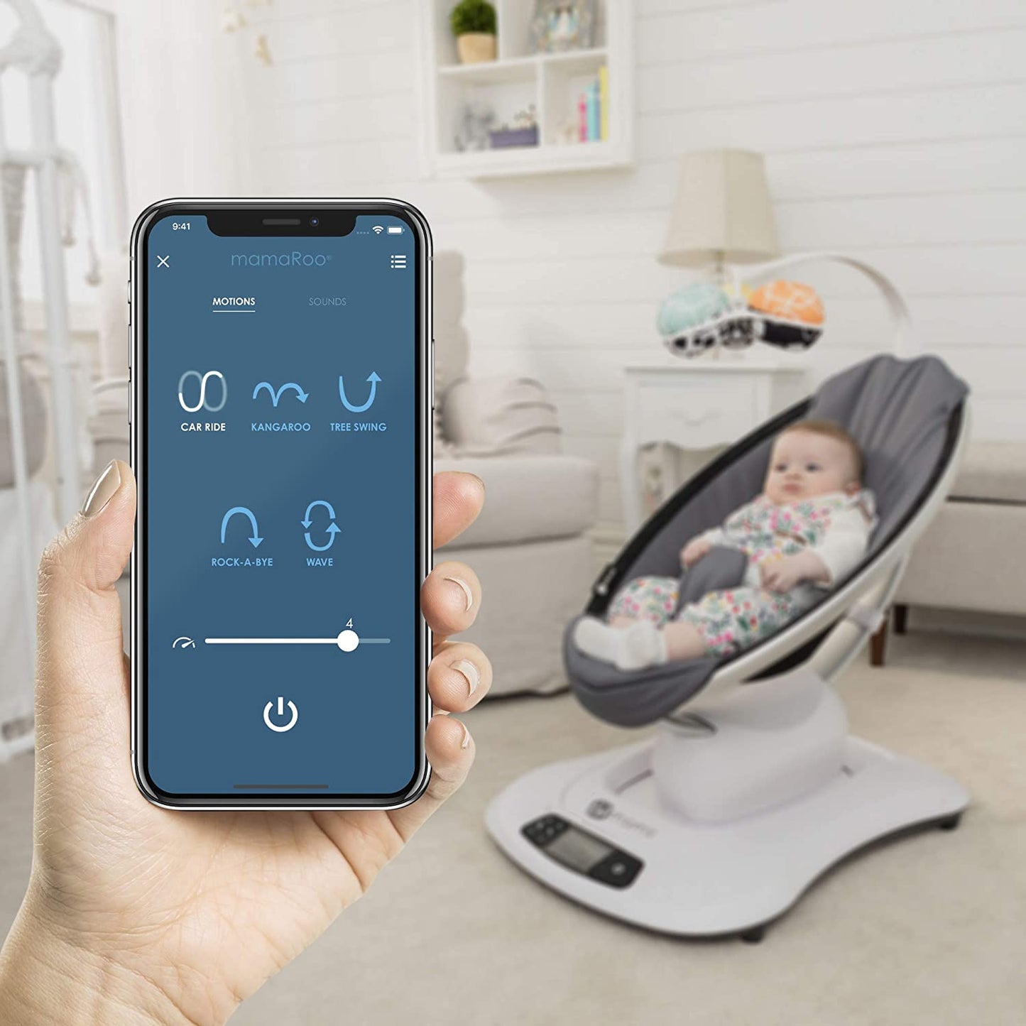 4moms mamaRoo 4 Multi-Motion Baby Swing + Safety Strap Fastener, Bluetooth Baby Swing with 5 Unique Motions, Nylon Fabric, Grey