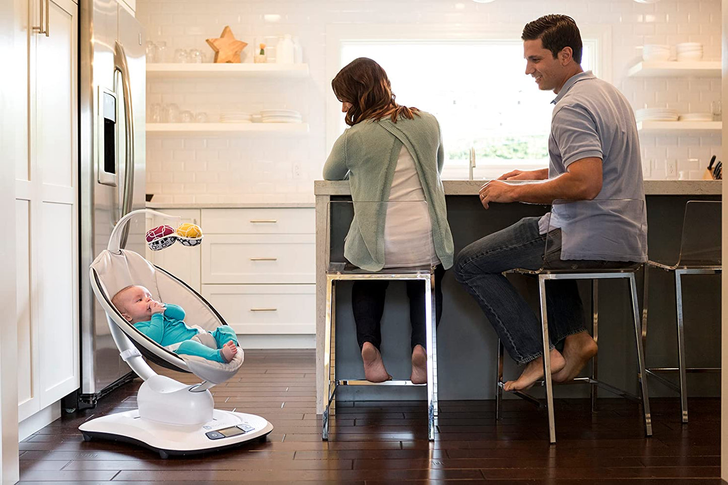 4moms mamaRoo 4 Multi-Motion Baby Swing + Safety Strap Fastener, Bluetooth Baby Swing with 5 Unique Motions, Nylon Fabric, Grey