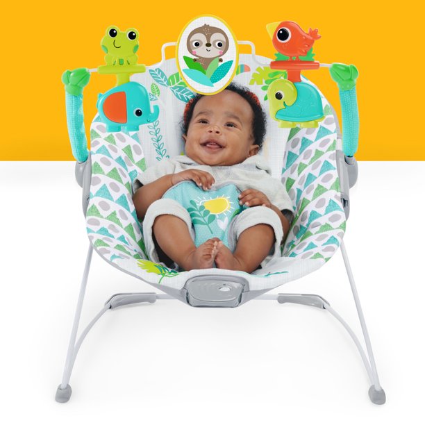 Bright Starts Spinnin’ Safari Vibrating Baby Bouncer Seat with Toy Bar, 0-6