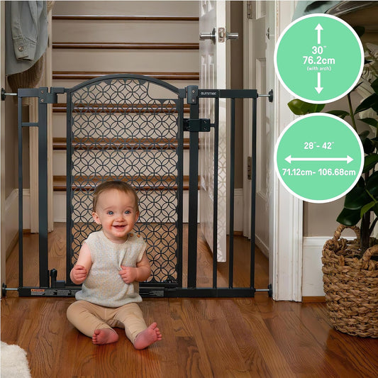 Summer Infant Modern Home Walk-Thru Safety Pet and Baby Gate, 28"-42" Wide, 30" Tall, Pressure or Hardware Mounted, Install on Wall or Banister in Doorway or Stairway, Auto Close Door - Gray