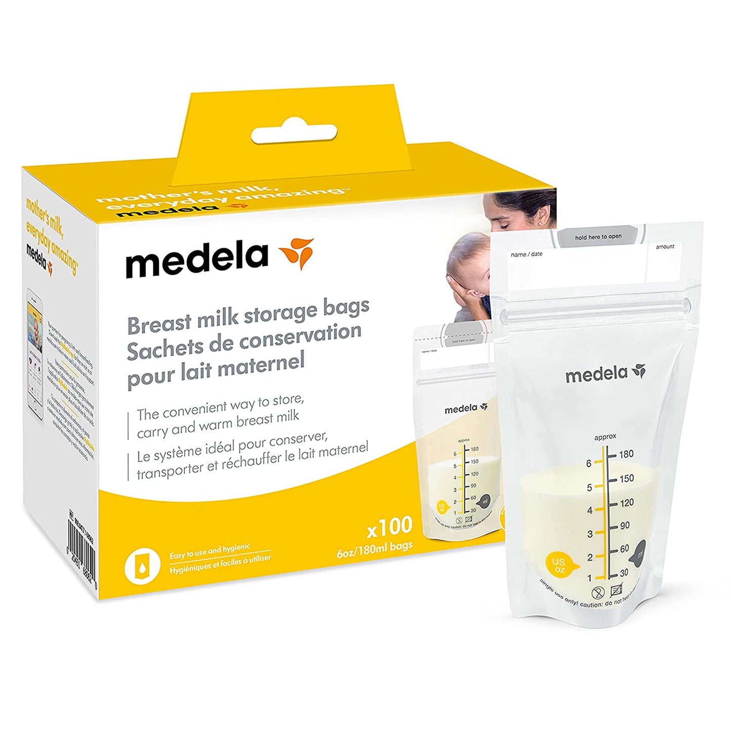 Medela Breast Milk Storage Bags, 100 Count, Ready to Use Breastmilk Bags for Breastfeeding, Self Standing Bag, Space Saving Flat Profile, Hygienically Pre-Sealed, 6 Ounce