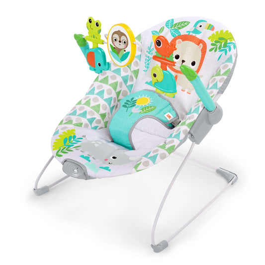 Bright Starts Spinnin’ Safari Vibrating Baby Bouncer Seat with Toy Bar, 0-6